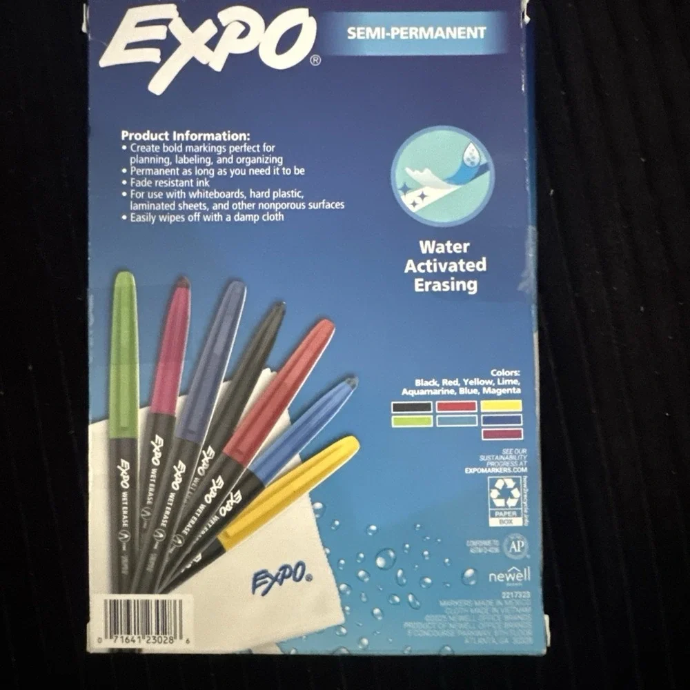 Expo Wet Erase‎ Markers 7ct Semi-Permanent + Microfiber Cloth Water Activated